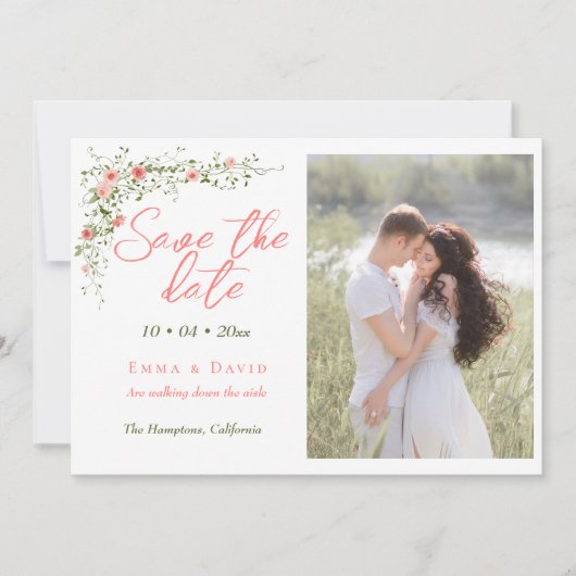 Botanische Rozen Elegant Script Fotobruiloft Save The Date (Voorkant)