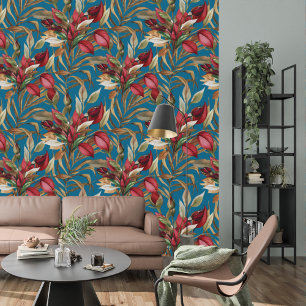  botanische Rozen en palmbladeren blauw Behang