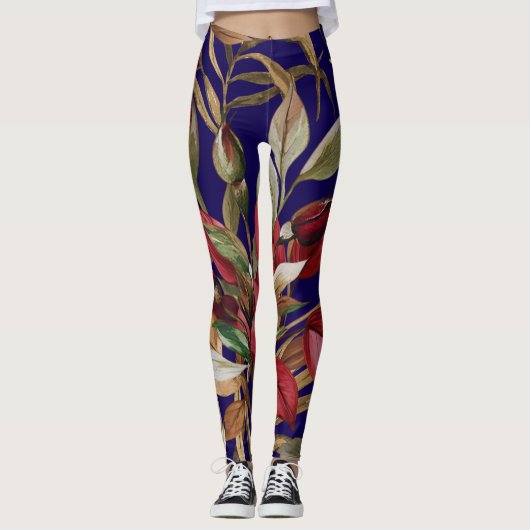  botanische Rozen en palmbladeren blauw Leggings (Voorkant)