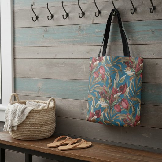  botanische Rozen en palmbladeren blauw Tote Bag