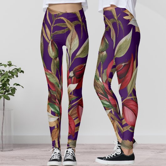 botanische Rozen en palmbladeren Paarse Leggings
