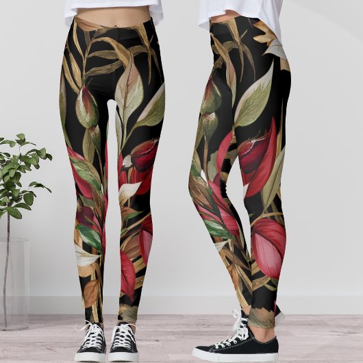  botanische Rozen en palmbladeren zwart Leggings