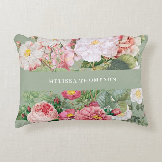 botanische Rozen Pastel Groen en Roze Accent Kussen (Voorkant)