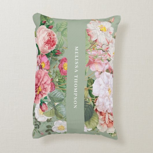 botanische Rozen Pastel Groen en Roze Accent Kussen (Achterkant (Verticaal))