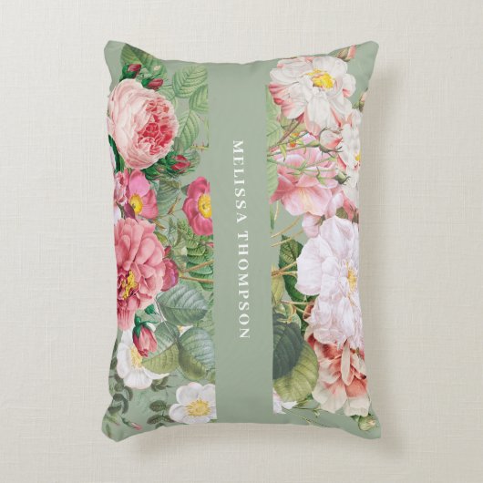 botanische Rozen Pastel Groen en Roze Accent Kussen (Voorkant(Verticaal))