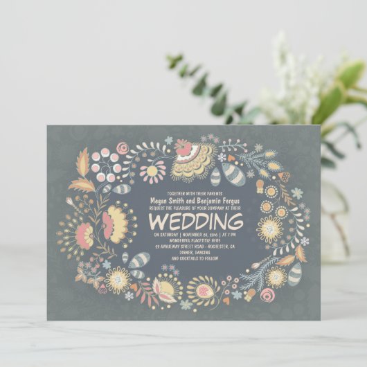 Botanische Rustieke Bloemen Huwelijksuitnodigingen Kaart (Staand voorkant)