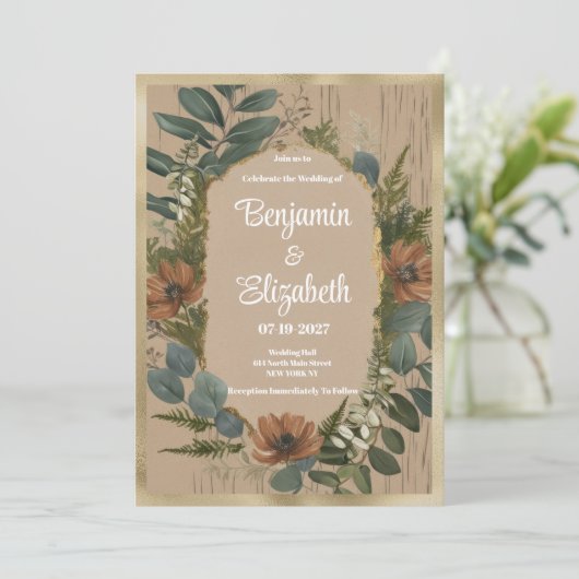 Botanische rustieke bos bloemen bruiloft kaart (Staand voorkant)