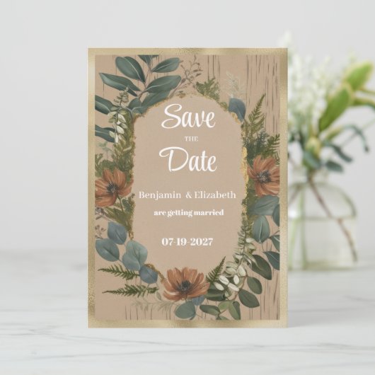 Botanische rustieke bosbloemen Save the Date Kaart (Staand voorkant)