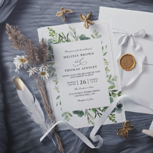 Botanische Rustieke Groene Elegante QR Code Trouwe Kaart