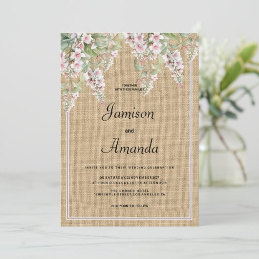 Botanische rustieke ivoor roze mint bloemenbruilof kaart (Staand voorkant)