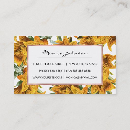 Botanische rustieke sinaasappel groene lelie trend visitekaartje (Achterkant)