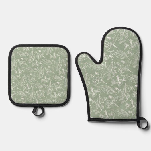 Botanische Sage Green laat een Floral Art Pattern Ovenwant & Pannenlap Set (Voorkant)