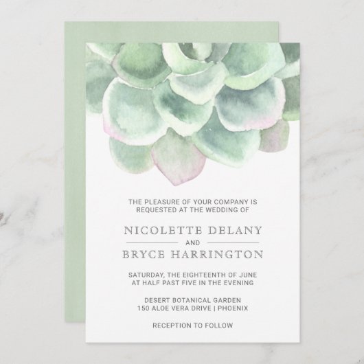 Botanische Sage Green Waterverf Succulent Wedding Kaart (Voorkant / Achterkant)