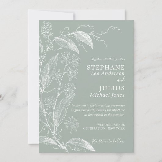  botanische Sage Green Wedding Uitnodiging (Voorkant)