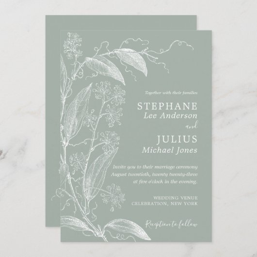 botanische Sage Green Wedding Uitnodiging (Voorkant / Achterkant)
