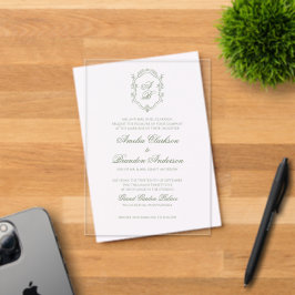 Botanische Sage Groene Monogram Crest Wedding Acryl Uitnodigingen