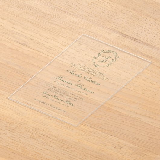 Botanische Sage Groene Monogram Crest Wedding Acryl Uitnodigingen (Laagn)