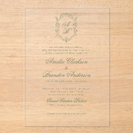 Botanische Sage Groene Monogram Crest Wedding Acryl Uitnodigingen