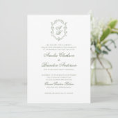 Botanische Sage Groene Monogram Crest Wedding Kaart (Staand voorkant)