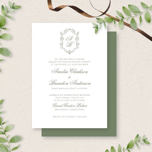 Botanische Sage Groene Monogram Crest Wedding Kaart