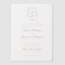 Botanische Sage Groene Monogram Crest Wedding Vellum Uitnodigingen