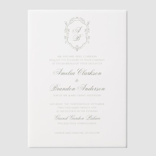 Botanische Sage Groene Monogram Crest Wedding Vellum Uitnodigingen (Voorkant)