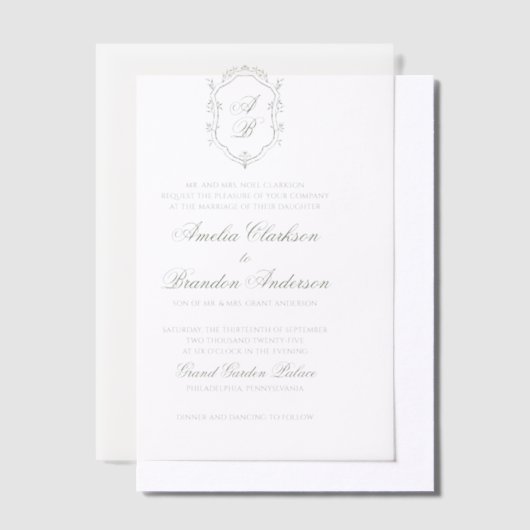 Botanische Sage Groene Monogram Crest Wedding Vellum Uitnodigingen (Offset)