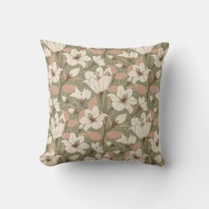 Botanische salie groen beige lelie bloemenpatroon kussen