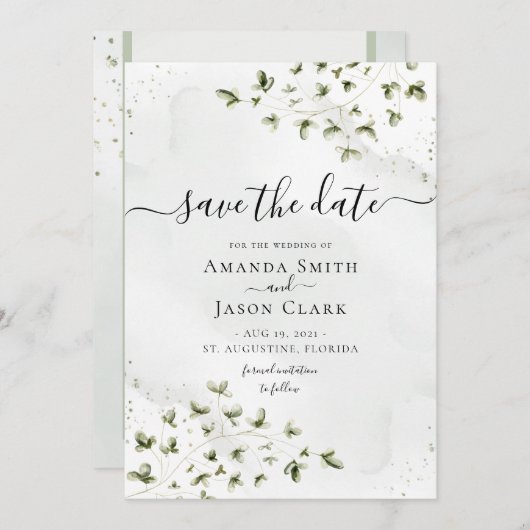 Botanische salie groenblijvende bladeren rustiek m save the date (Voorkant / Achterkant)