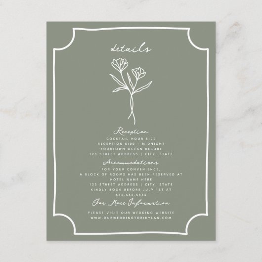 Botanische salie groene hand getekend bruiloft det informatiekaartje (Voorkant)