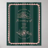 Botanische Scalloped Border Stripe Bruiloft Welkom Poster (Voorkant)