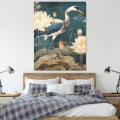  botanische scène blauwe kraan en lotus canvas afdruk (Insitu (Slaapkamer))