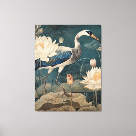  botanische scène blauwe kraan en lotus canvas afdruk