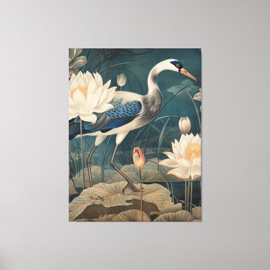  botanische scène blauwe kraan en lotus canvas afdruk (Voorkant)
