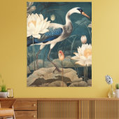  botanische scène blauwe kraan en lotus canvas afdruk (Insitu (Woonkamer))