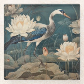  botanische scène blauwe kraan en lotus glazen onderzetter (Voorkant)