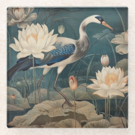  botanische scène blauwe kraan en lotus glazen onderzetter