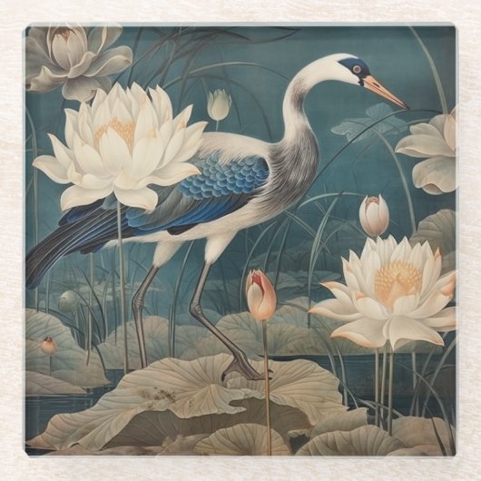  botanische scène blauwe kraan en lotus glazen onderzetter (Voorkant)