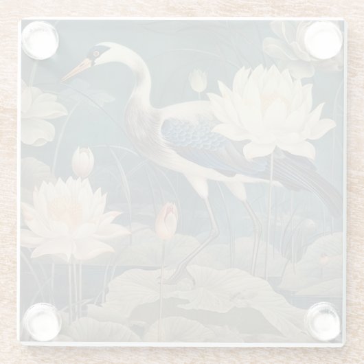  botanische scène blauwe kraan en lotus glazen onderzetter (Achterkant)