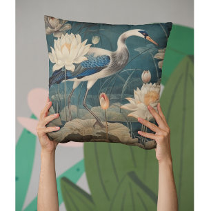  botanische scène blauwe kraan en lotus kussen