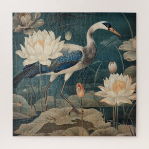 botanische scène blauwe kraan en lotus legpuzzel