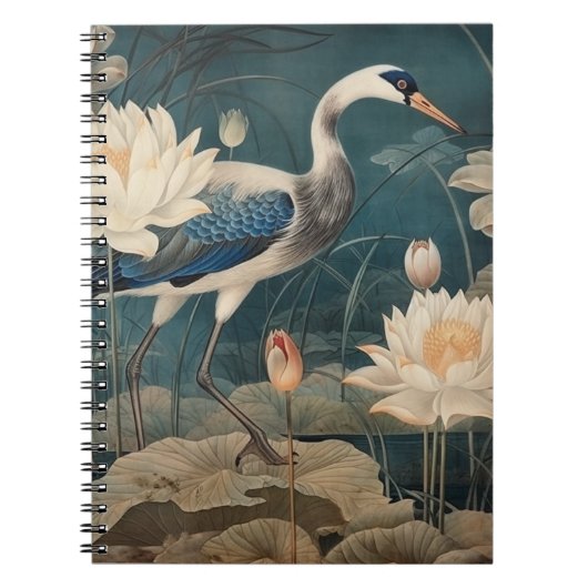  botanische scène blauwe kraan en lotus notitieboek (Voorkant)