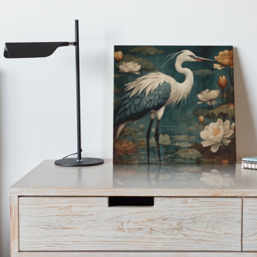 botanische scène blauwe kraan en lotus ook canvas afdruk