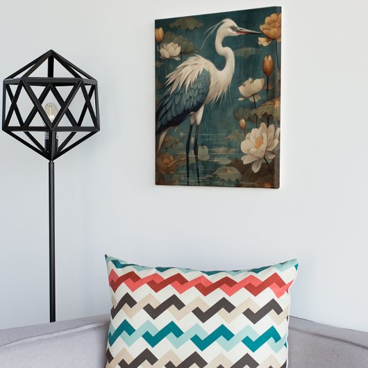 botanische scène blauwe kraan en lotus ook canvas afdruk