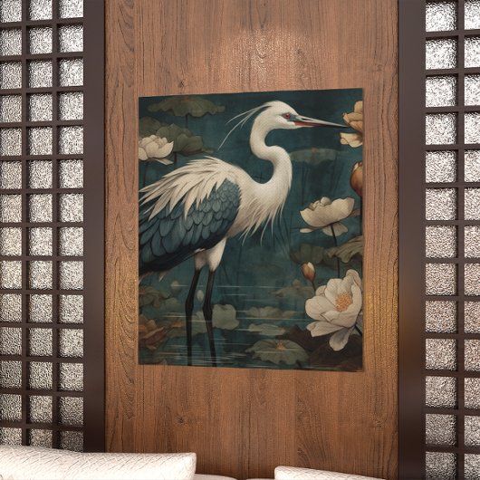 botanische scène blauwe kraan en lotus ook canvas afdruk