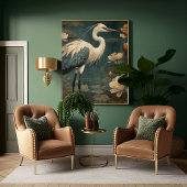 botanische scène blauwe kraan en lotus ook canvas afdruk