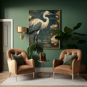  botanische scène blauwe kraan en lotus ook canvas afdruk