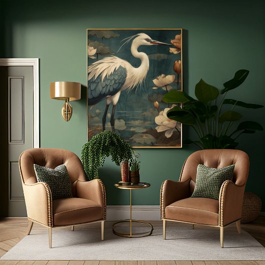  botanische scène blauwe kraan en lotus ook canvas afdruk