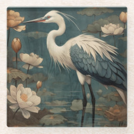  botanische scène blauwe kraan en lotus ook glazen onderzetter