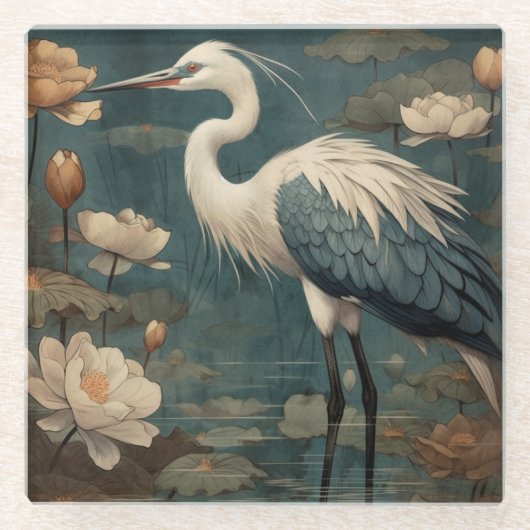  botanische scène blauwe kraan en lotus ook glazen onderzetter (Voorkant)